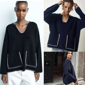 Zara Topstitch Knit Sweater Navy Blue White Contrast Stitch Pockets Size XS